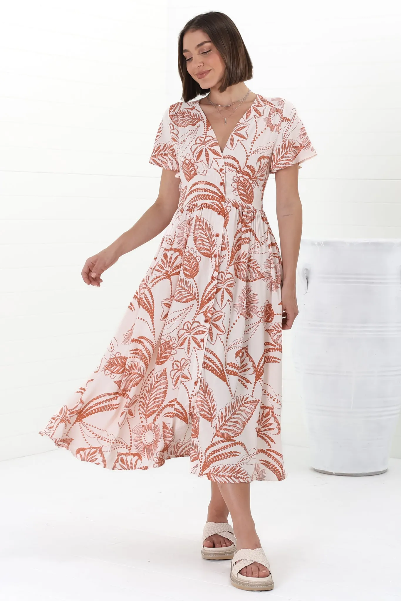 Anais Midi Dress - Cap Flutter Sleeve Button Down A Line Dress in Havanna Print Cream sold by Salty Crush product image thumbnail 2