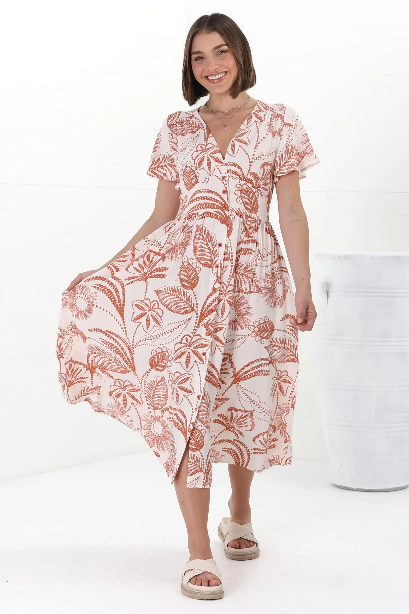Anais Midi Dress - Cap Flutter Sleeve Button Down A Line Dress in Havanna Print Cream sold by Salty Crush product image thumbnail 5