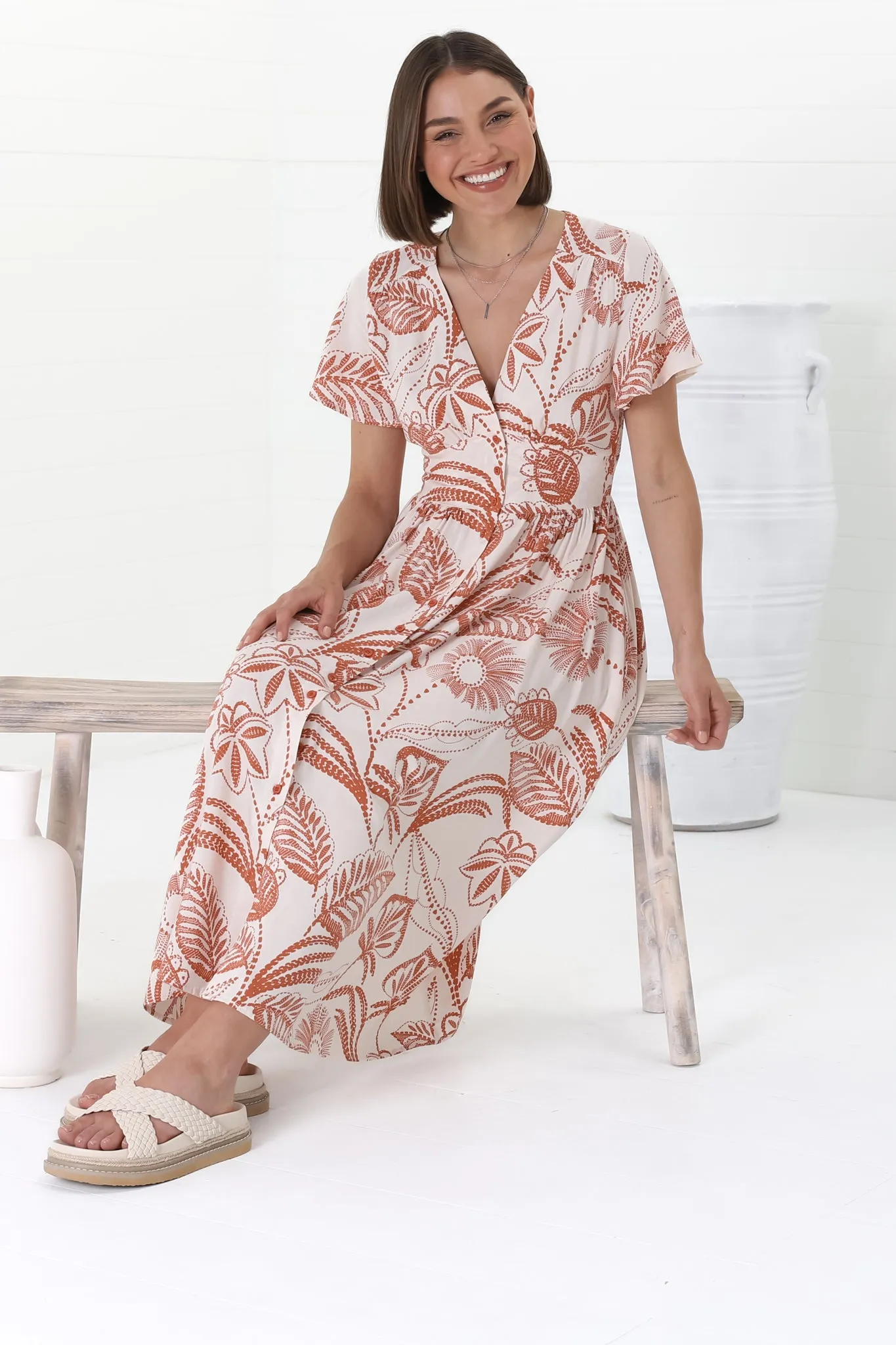 Anais Midi Dress - Cap Flutter Sleeve Button Down A Line Dress in Havanna Print Cream sold by Salty Crush product image thumbnail 4