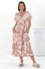 Anais Midi Dress - Cap Flutter Sleeve Button Down A Line Dress in Havanna Print Cream sold by Salty Crush