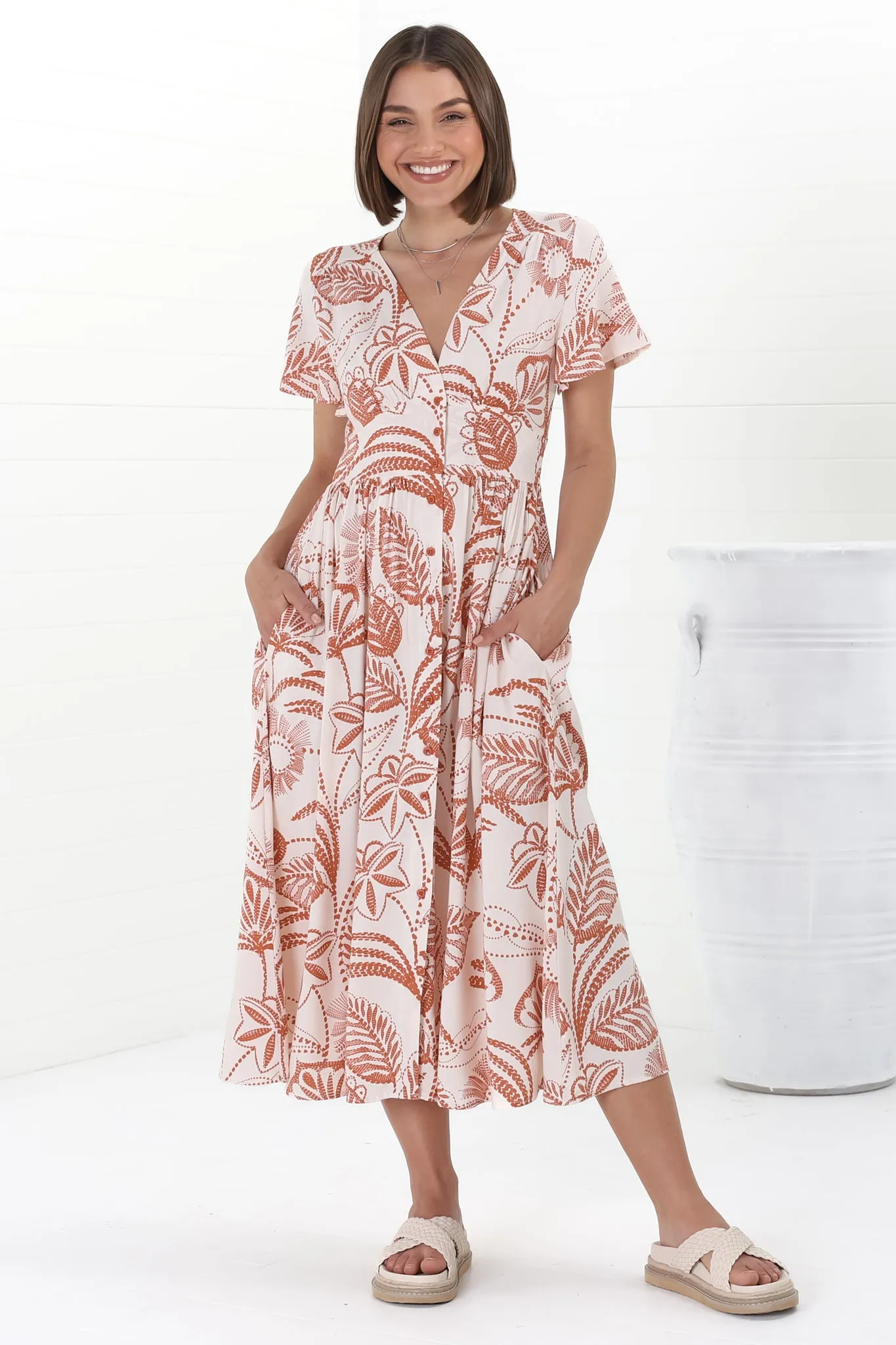 Anais Midi Dress - Cap Flutter Sleeve Button Down A Line Dress in Havanna Print Cream sold by Salty Crush
