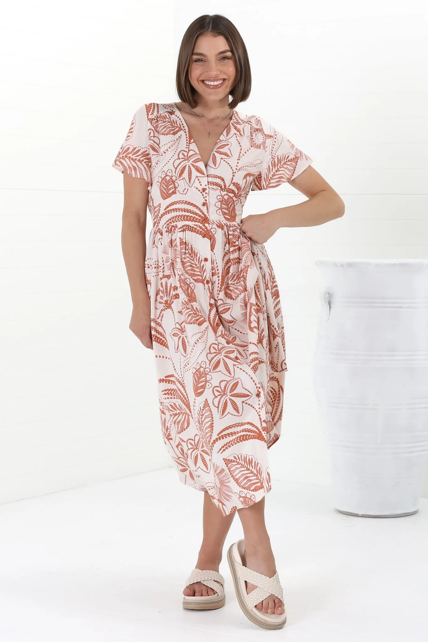 Anais Midi Dress - Cap Flutter Sleeve Button Down A Line Dress in Havanna Print Cream sold by Salty Crush product image thumbnail 3