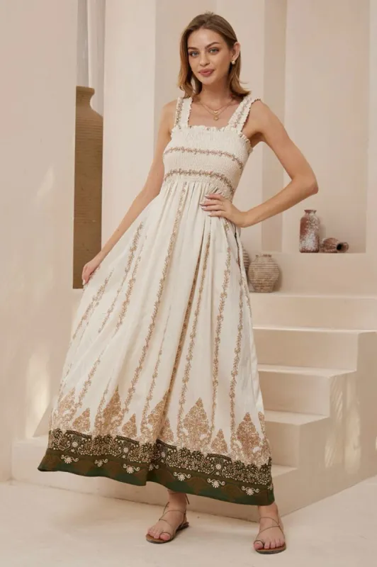 Carmelle Maxi Dress - Thick Strap Elasticated Bodice Sun Dress in Eleanor Print sold by Salty Crush