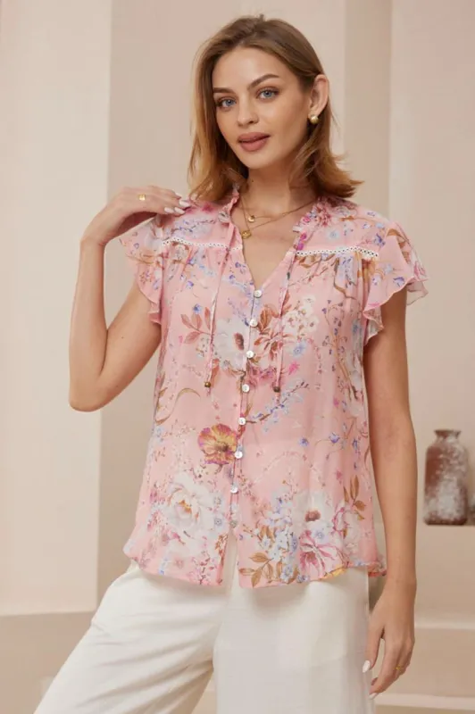 Avril Blouse - Frill Cap Sleeve Button Down Cotton Blouse in Ginnee Print sold by Salty Crush