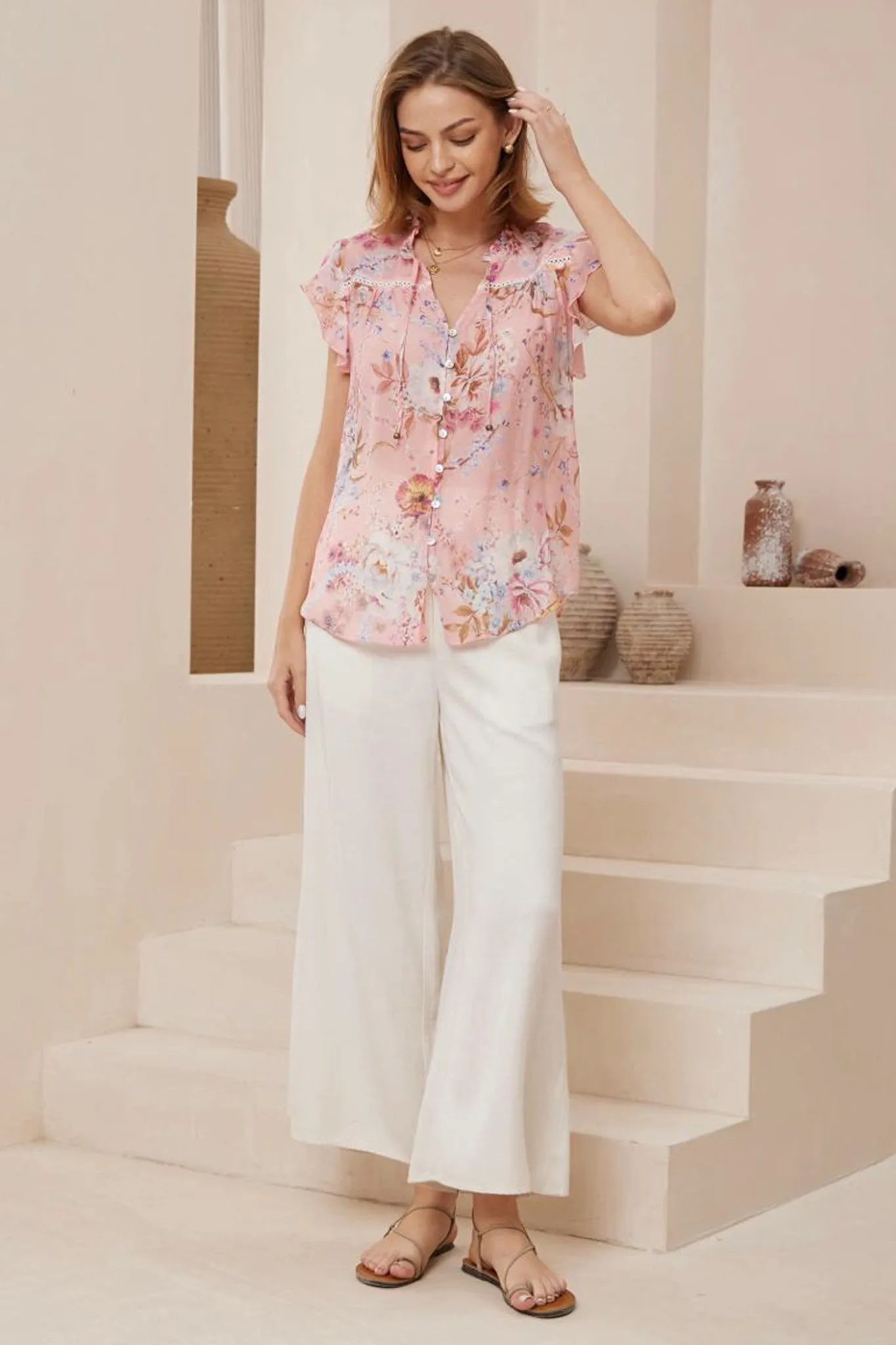 Avril Blouse - Frill Cap Sleeve Button Down Cotton Blouse in Ginnee Print sold by Salty Crush product image thumbnail 3