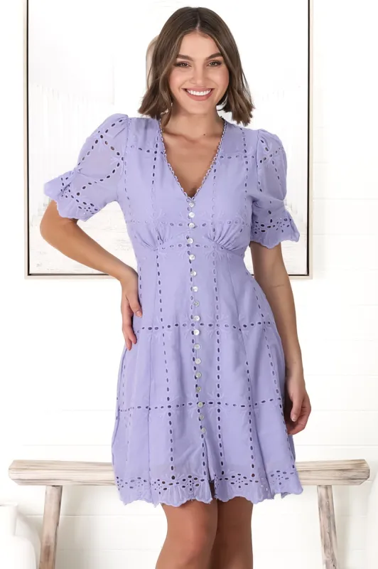 Lumi Mini Dress - Embroided Short Sleeve A Line Dress with Button Decal in Lilac sold by Salty Crush