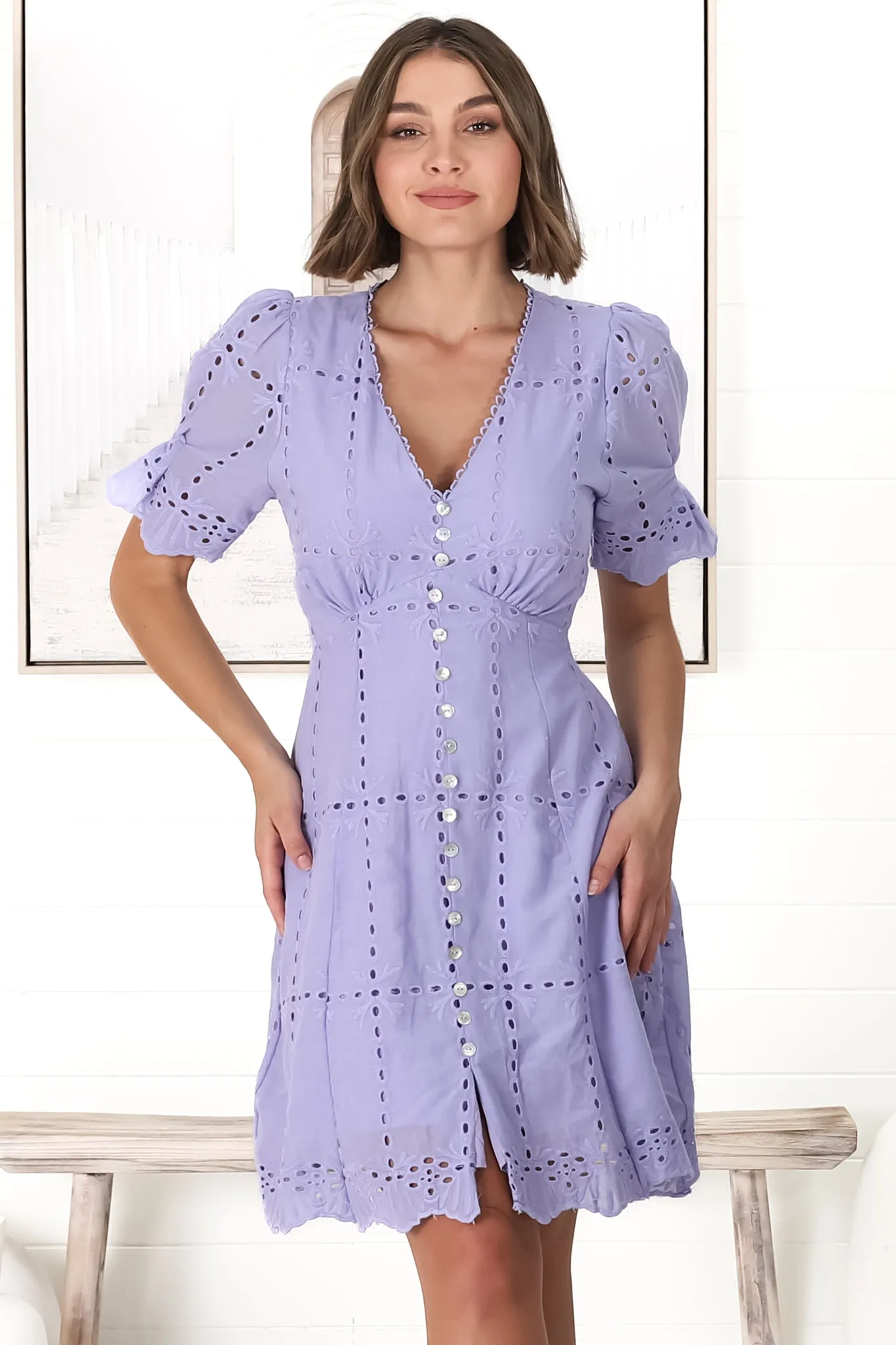 Lumi Mini Dress - Embroided Short Sleeve A Line Dress with Button Decal in Lilac sold by Salty Crush product image thumbnail 3