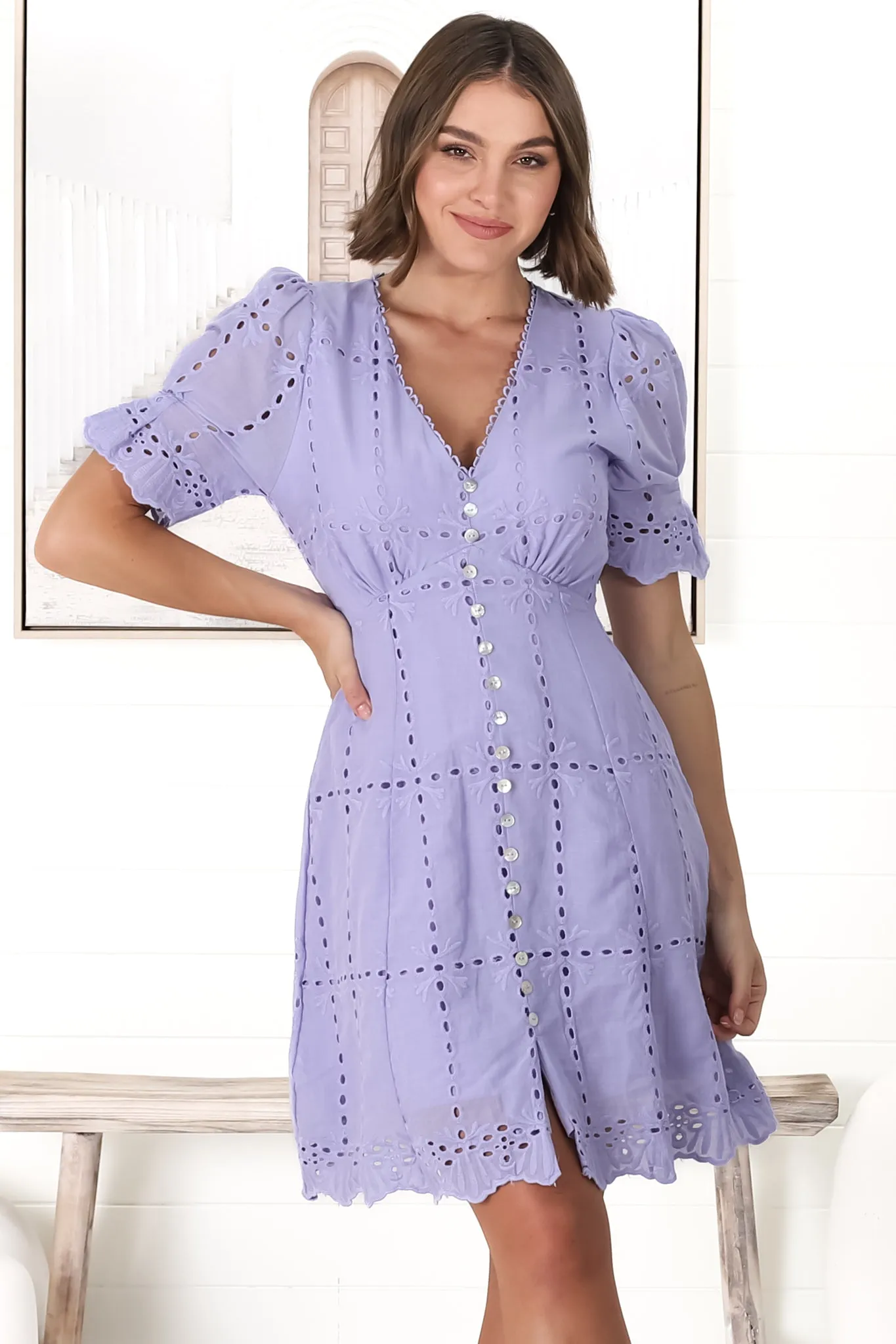 Lumi Mini Dress - Embroided Short Sleeve A Line Dress with Button Decal in Lilac sold by Salty Crush product image thumbnail 5