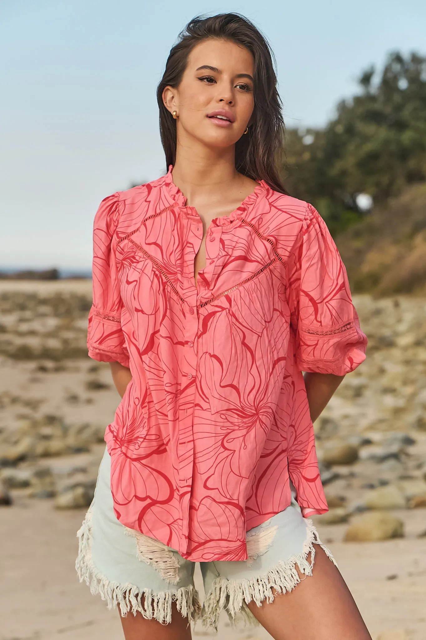 JAASE - Eliza Blouse: Frill Collar Button Down Lace Detailed Blouse in Rosella Print sold by Salty Crush product image thumbnail 3