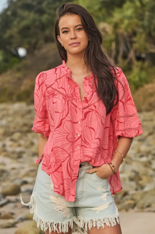 JAASE - Eliza Blouse: Frill Collar Button Down Lace Detailed Blouse in Rosella Print sold by Salty Crush