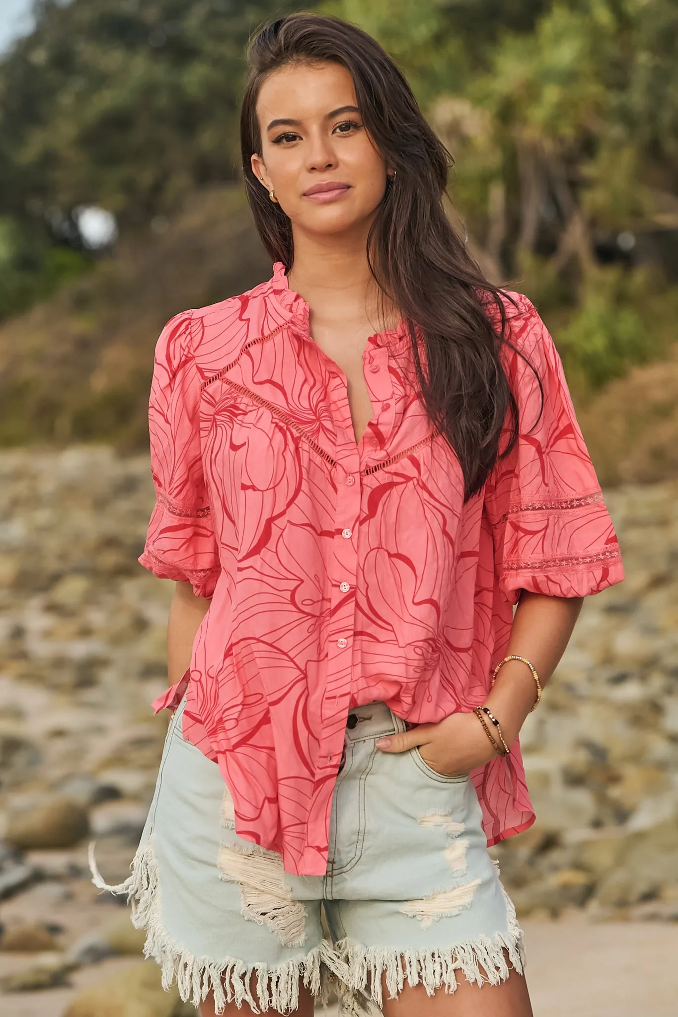 JAASE - Eliza Blouse: Frill Collar Button Down Lace Detailed Blouse in Rosella Print sold by Salty Crush