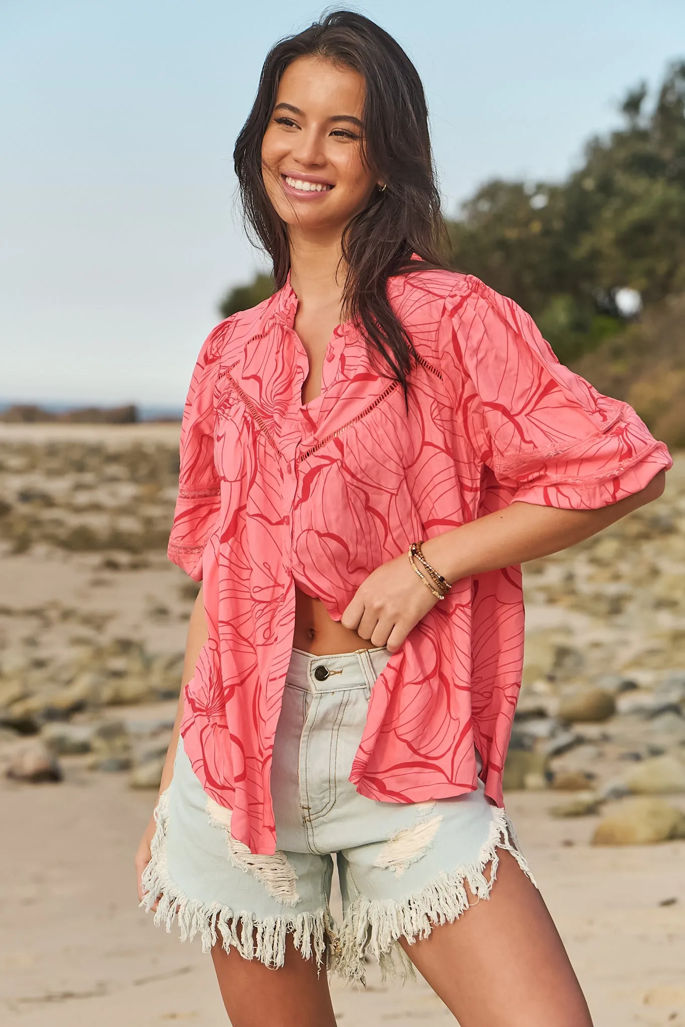 JAASE - Eliza Blouse: Frill Collar Button Down Lace Detailed Blouse in Rosella Print sold by Salty Crush product image thumbnail 2