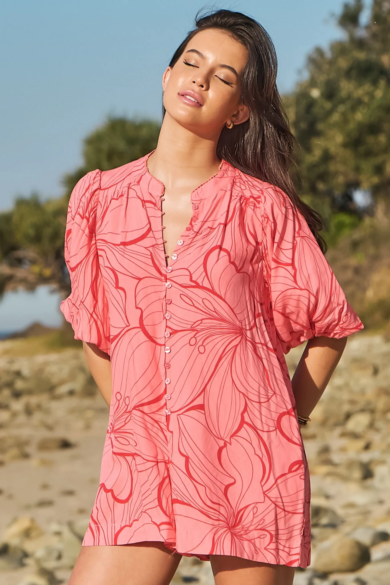 Mahila Playsuit - Mandarin Collar Balloon Sleeve Playsuit in Rosella Print sold by Salty Crush product image thumbnail 3