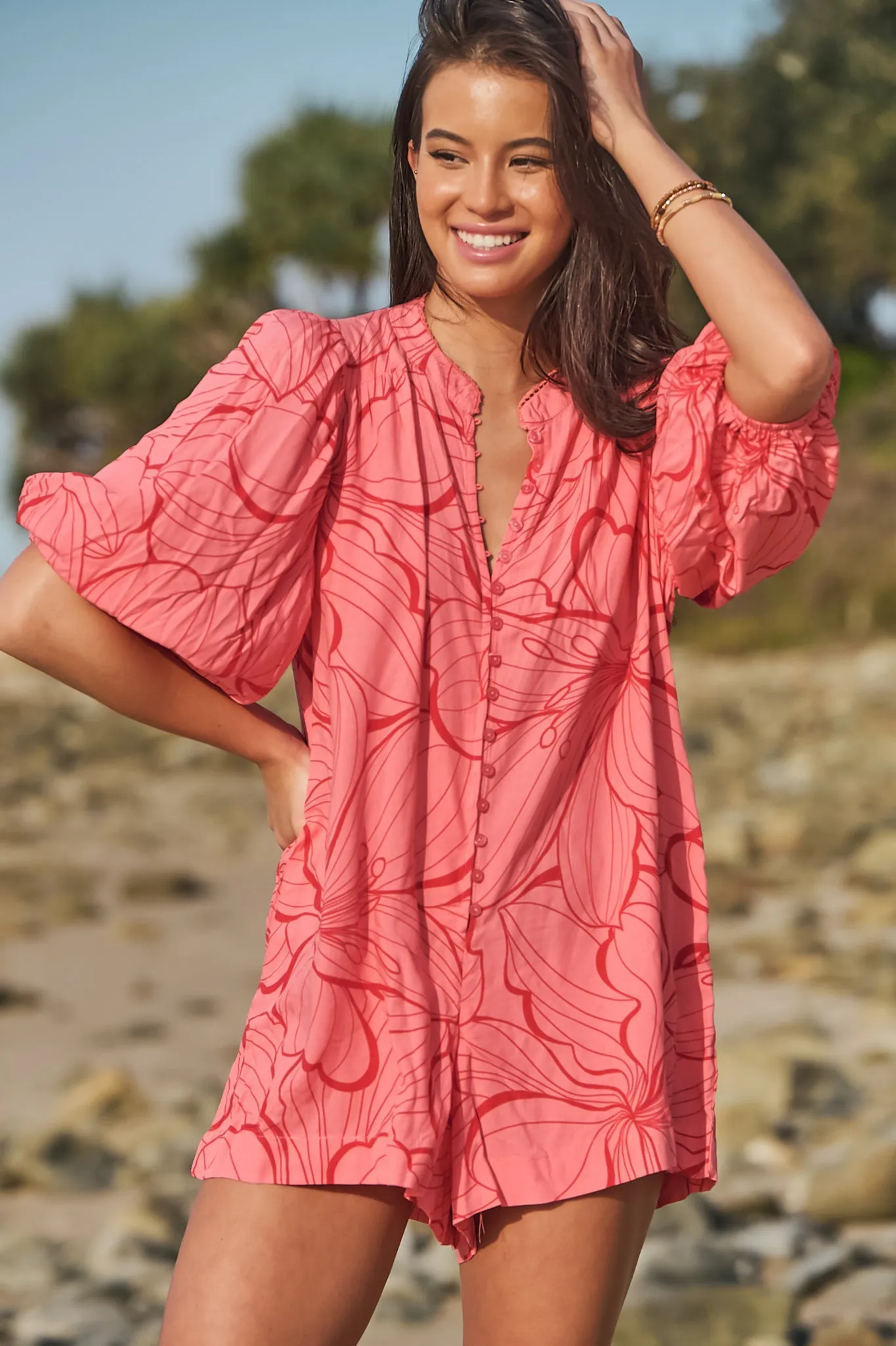 Mahila Playsuit - Mandarin Collar Balloon Sleeve Playsuit in Rosella Print sold by Salty Crush product image thumbnail 2