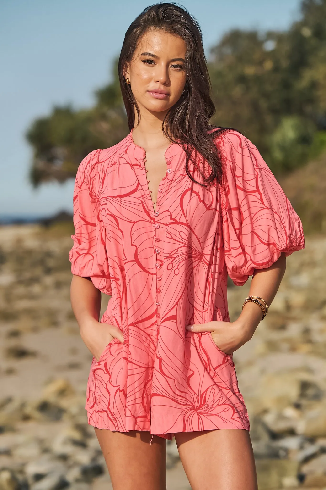 Mahila Playsuit - Mandarin Collar Balloon Sleeve Playsuit in Rosella Print sold by Salty Crush product image thumbnail 5