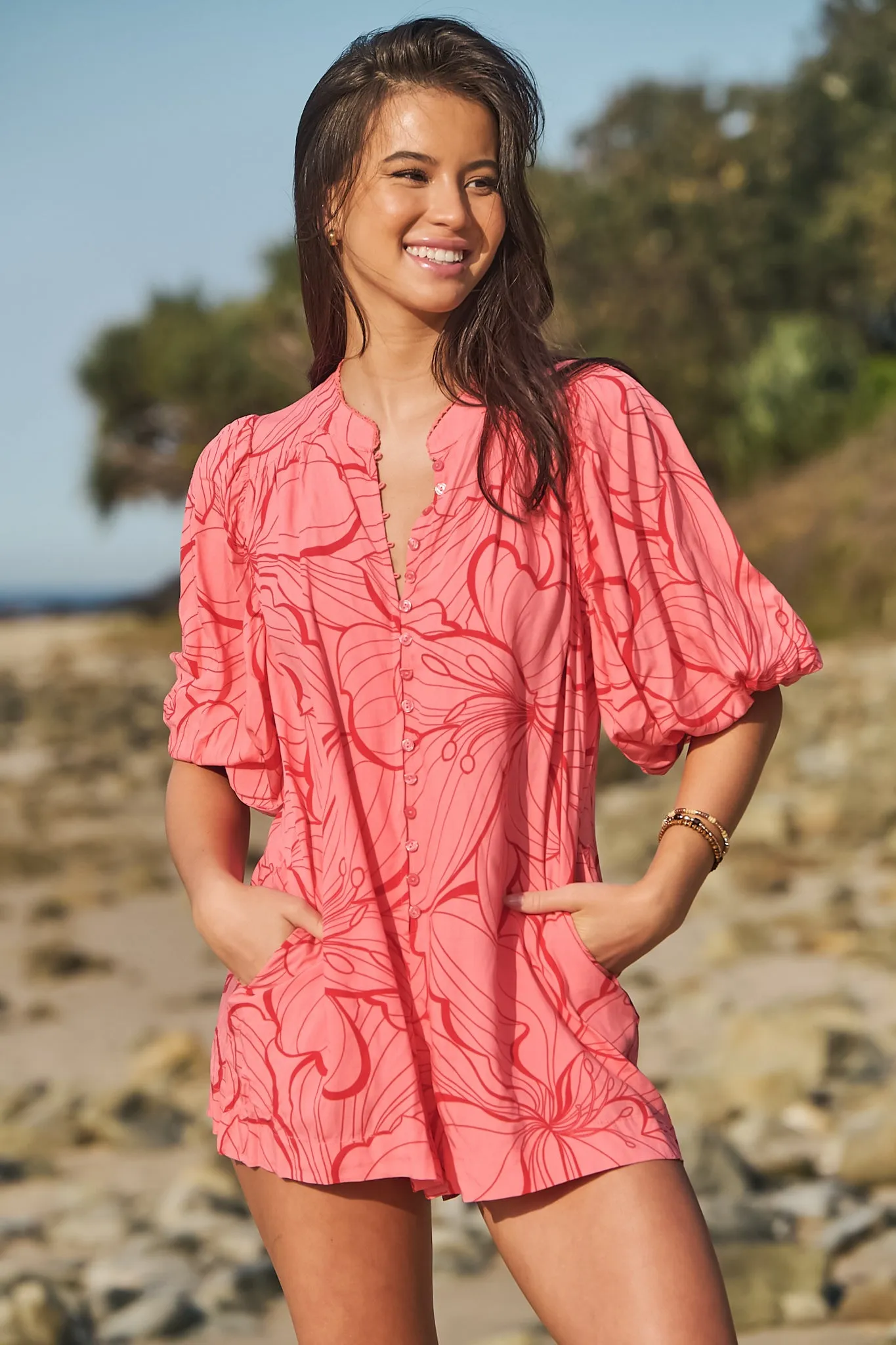 Mahila Playsuit - Mandarin Collar Balloon Sleeve Playsuit in Rosella Print sold by Salty Crush