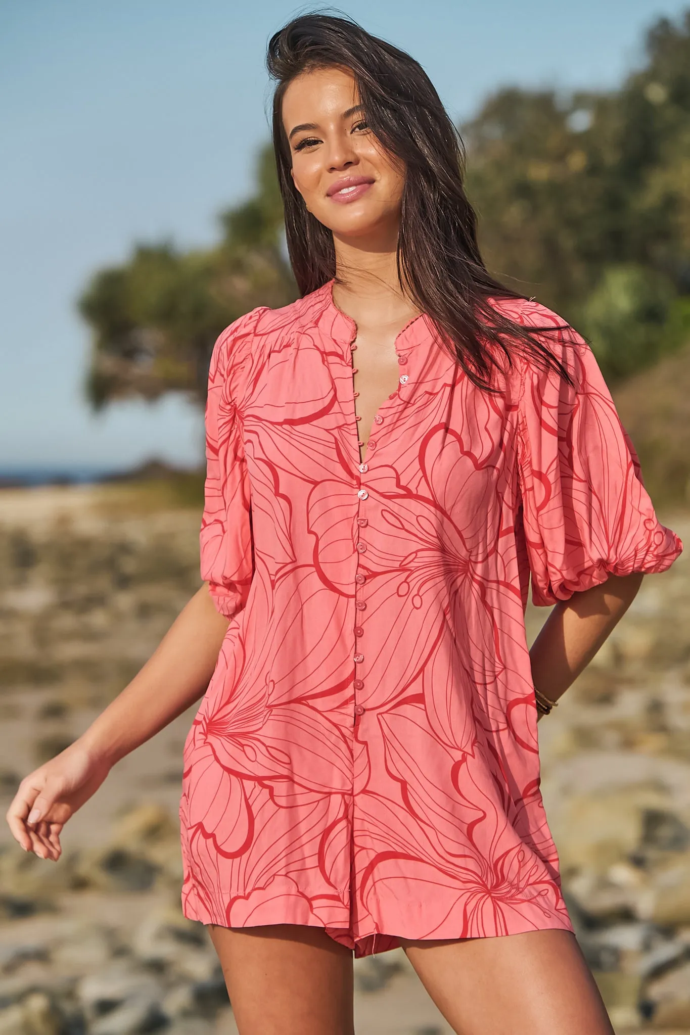 Mahila Playsuit - Mandarin Collar Balloon Sleeve Playsuit in Rosella Print sold by Salty Crush product image thumbnail 4