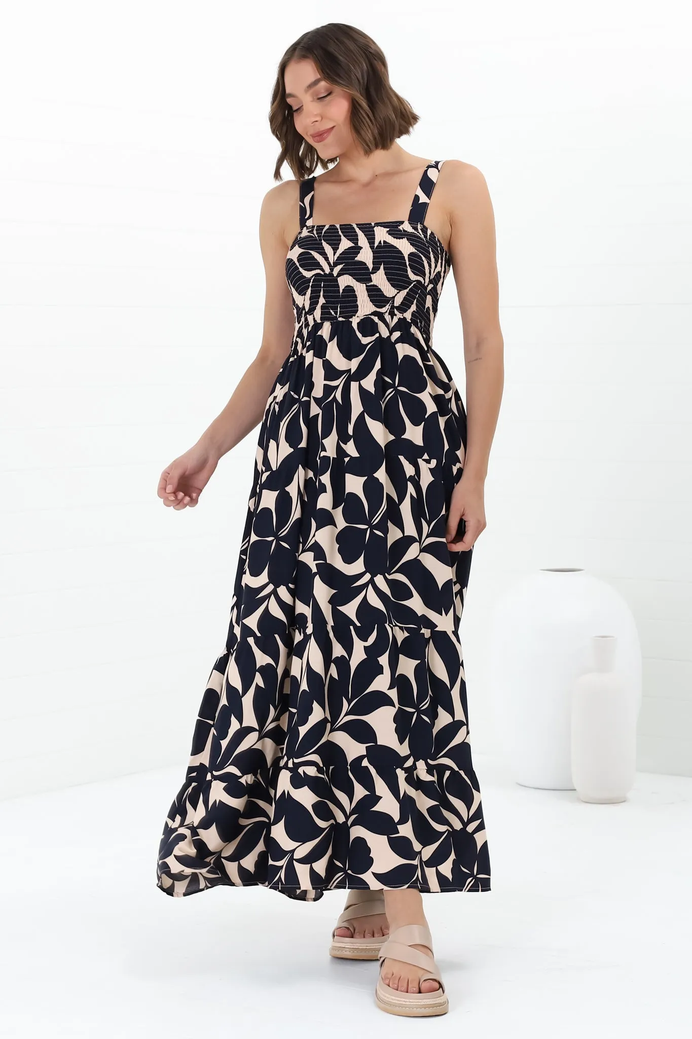 Loretta Maxi Dress - Elasticated Bodice Sun Dress in Kiera Print Navy sold by Salty Crush product image thumbnail 3