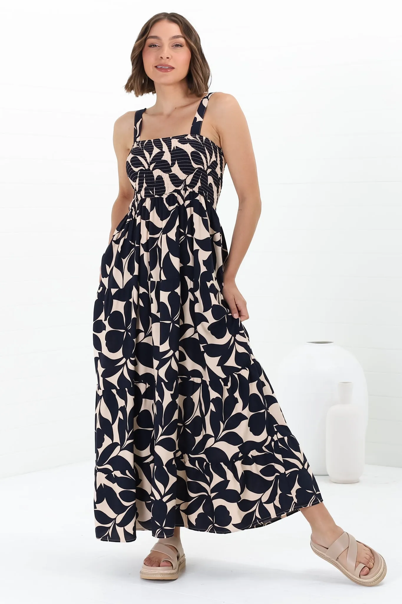 Loretta Maxi Dress - Elasticated Bodice Sun Dress in Kiera Print Navy sold by Salty Crush product image thumbnail 2
