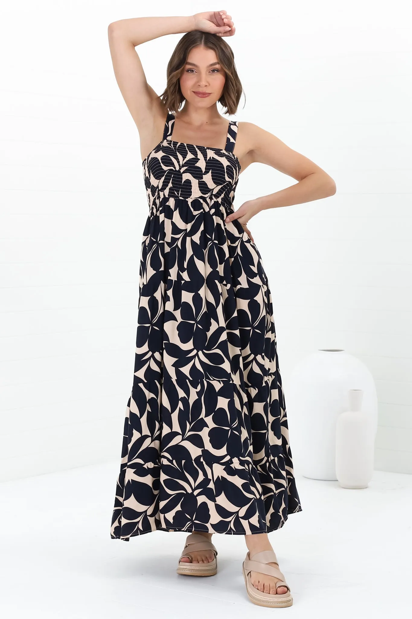 Loretta Maxi Dress - Elasticated Bodice Sun Dress in Kiera Print Navy sold by Salty Crush product image thumbnail 4