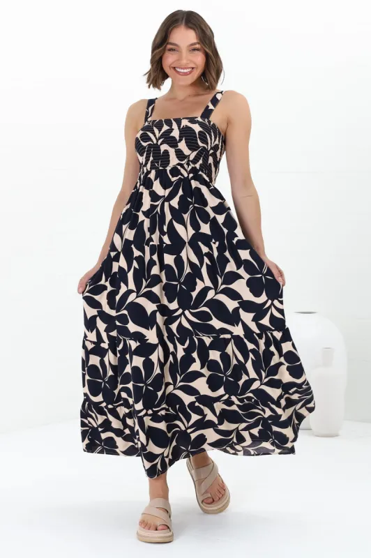 Loretta Maxi Dress - Elasticated Bodice Sun Dress in Kiera Print Navy sold by Salty Crush