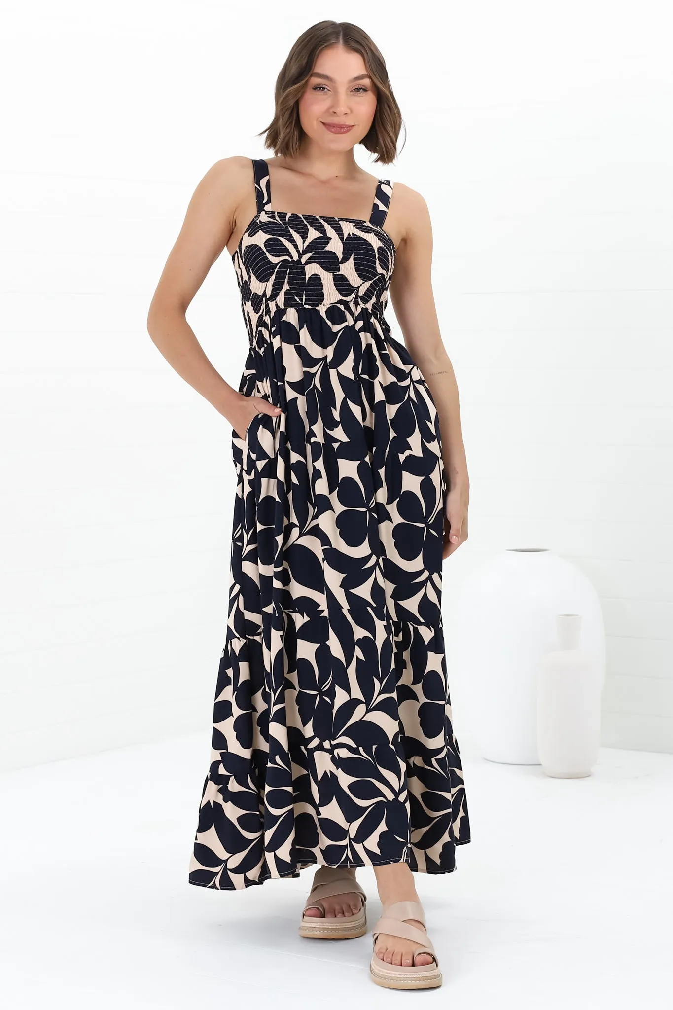 Loretta Maxi Dress - Elasticated Bodice Sun Dress in Kiera Print Navy sold by Salty Crush product image thumbnail 5