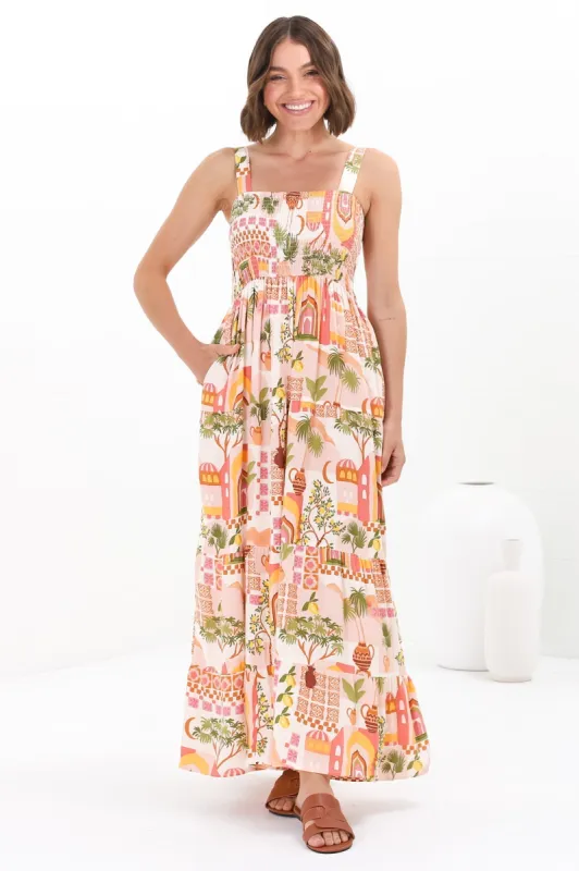 Loretta Maxi Dress - Elasticated Bodice Sun Dress in Baroa Print sold by Salty Crush