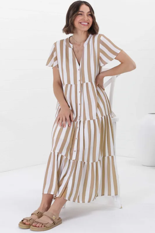 Milla Midi Dress - Tiered Button Down Striped Dress in Gaubi Print Beige sold by Salty Crush