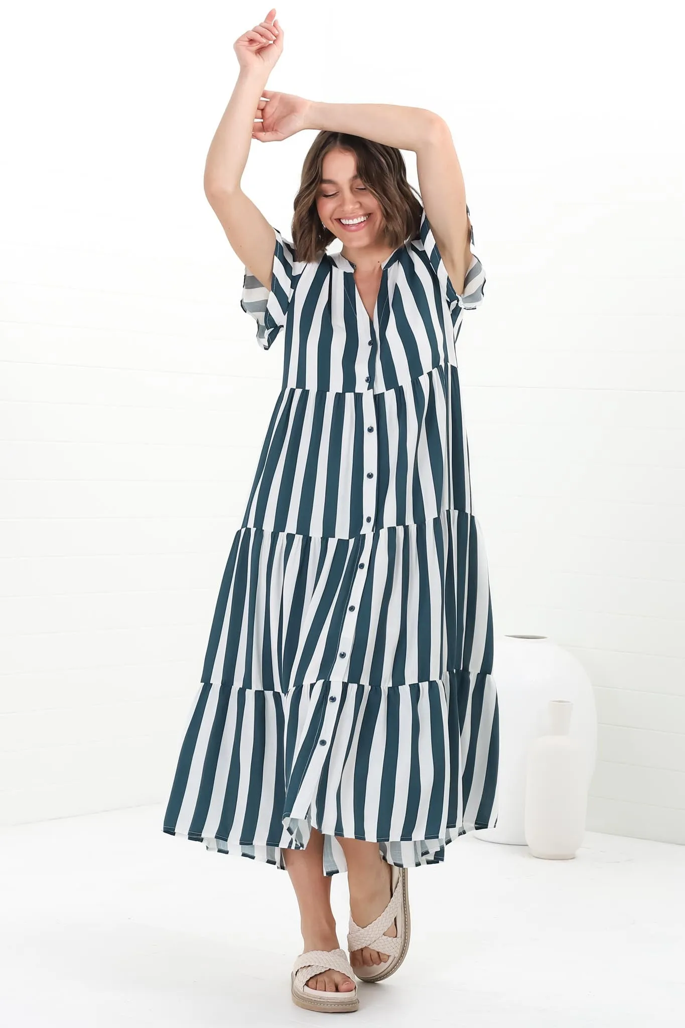 Milla Midi Dress - Tiered Button Down Dress in Gaubi Print Blue sold by Salty Crush product image thumbnail 4