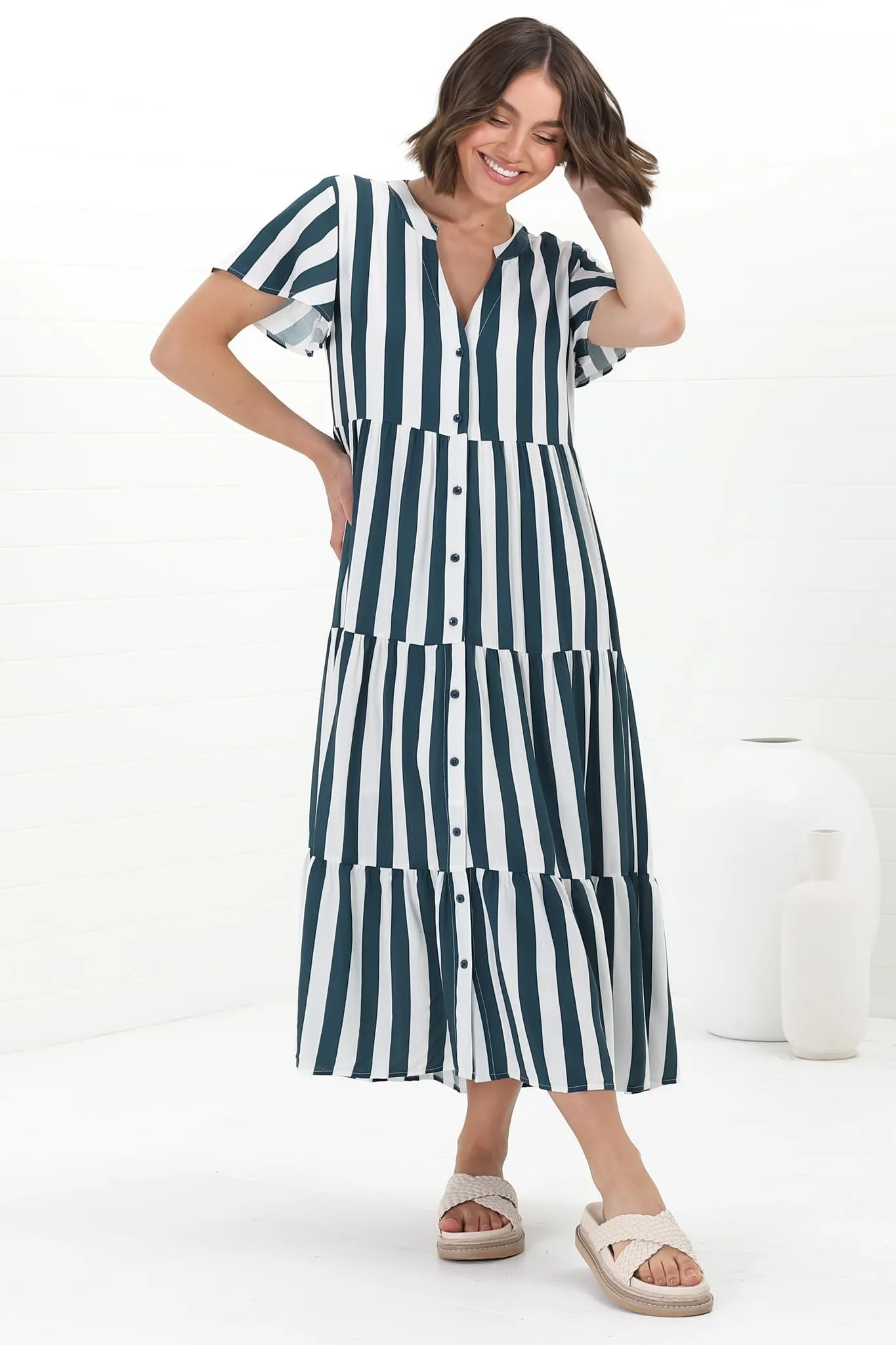 Milla Midi Dress - Tiered Button Down Dress in Gaubi Print Blue sold by Salty Crush product image thumbnail 5