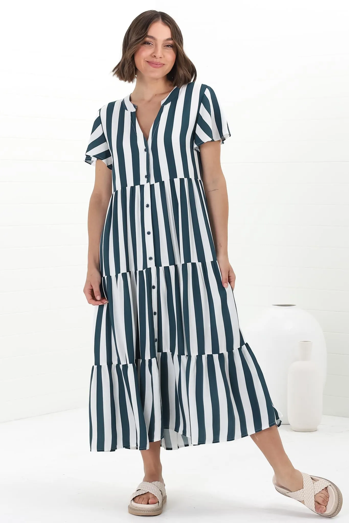 Milla Midi Dress - Tiered Button Down Dress in Gaubi Print Blue sold by Salty Crush product image thumbnail 2