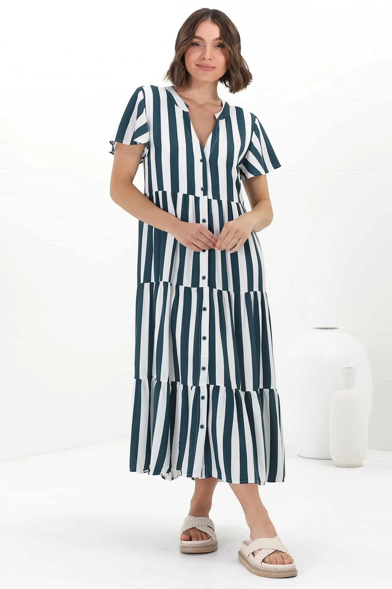 Milla Midi Dress - Tiered Button Down Dress in Gaubi Print Blue sold by Salty Crush product image thumbnail 3