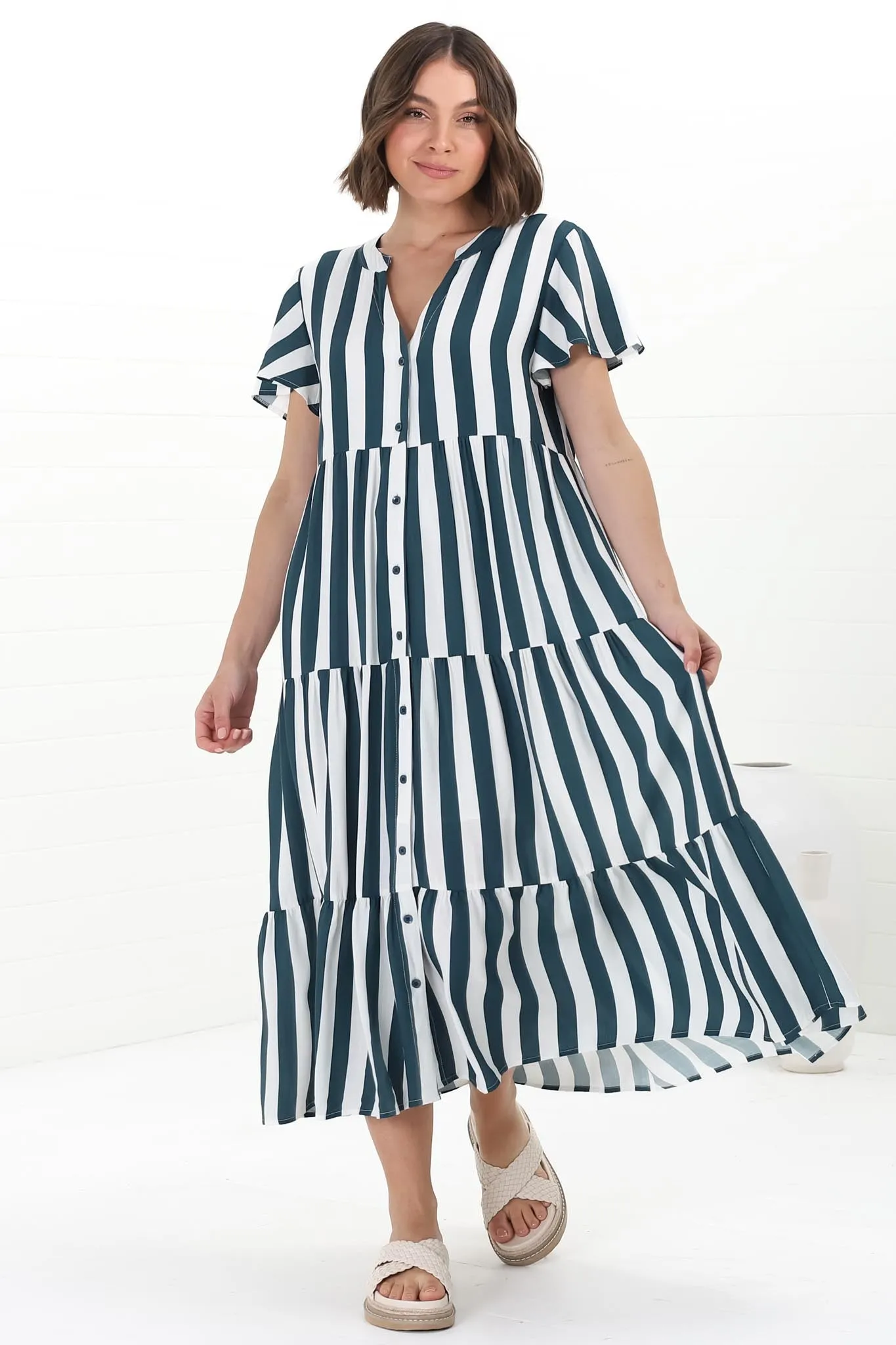 Milla Midi Dress - Tiered Button Down Dress in Gaubi Print Blue sold by Salty Crush