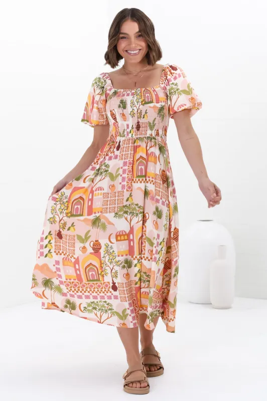 Shira Midi Dress - On Or Off Shoulder Elasticated Bodice Dress With Short Balloon Sleeves In Baroa Print sold by Salty Crush