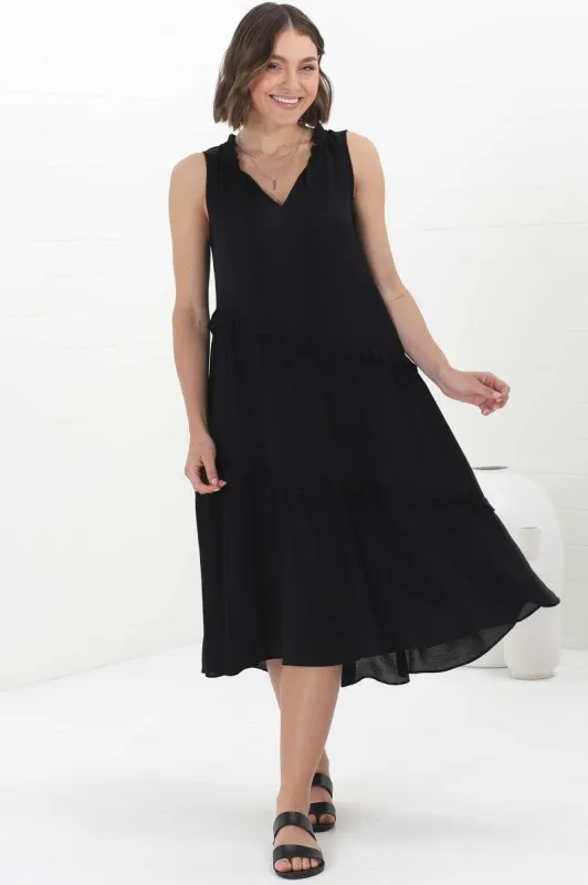 Agnes Midi Dress - Asymmetric Frill Detailed Sleeveless Smock Dress in Black sold by Salty Crush
