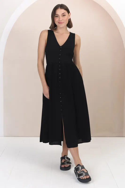 Anaya Midi Dress - V Neck Linen/Cotton Blend Button Down Sleeveless Dress in Black sold by Salty Crush