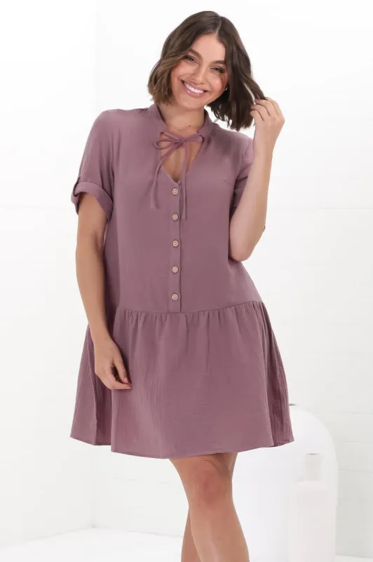Lucie Mini Dress - Cheesecloth Cotton Shift Dress with Short Buttoned Cuff Sleeves in Mauve sold by Salty Crush