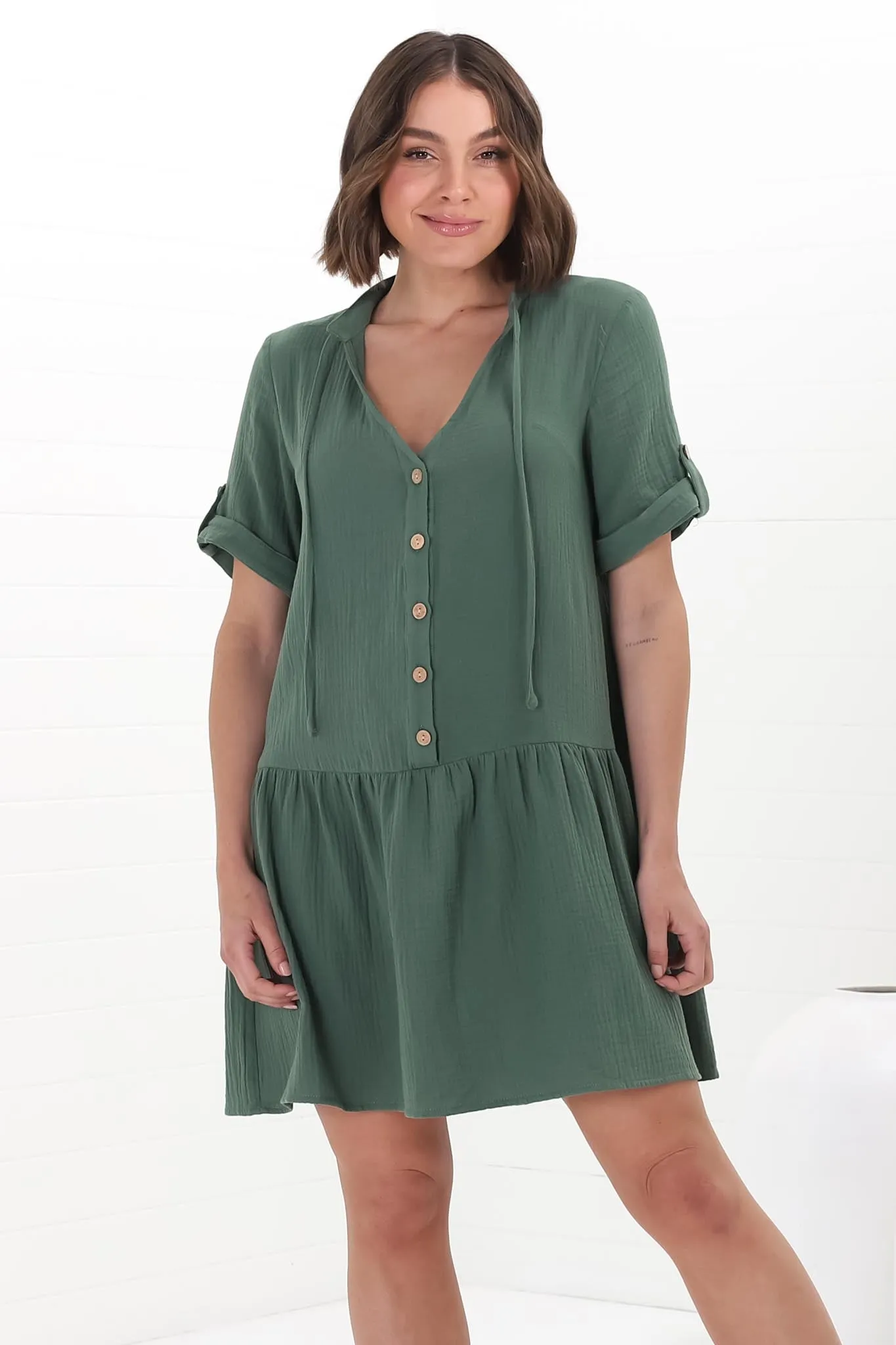 Lucie Mini Dress - Cheesecloth Cotton Shift Dress with Short Buttoned Cuff Sleeves in Green sold by Salty Crush product image thumbnail 2