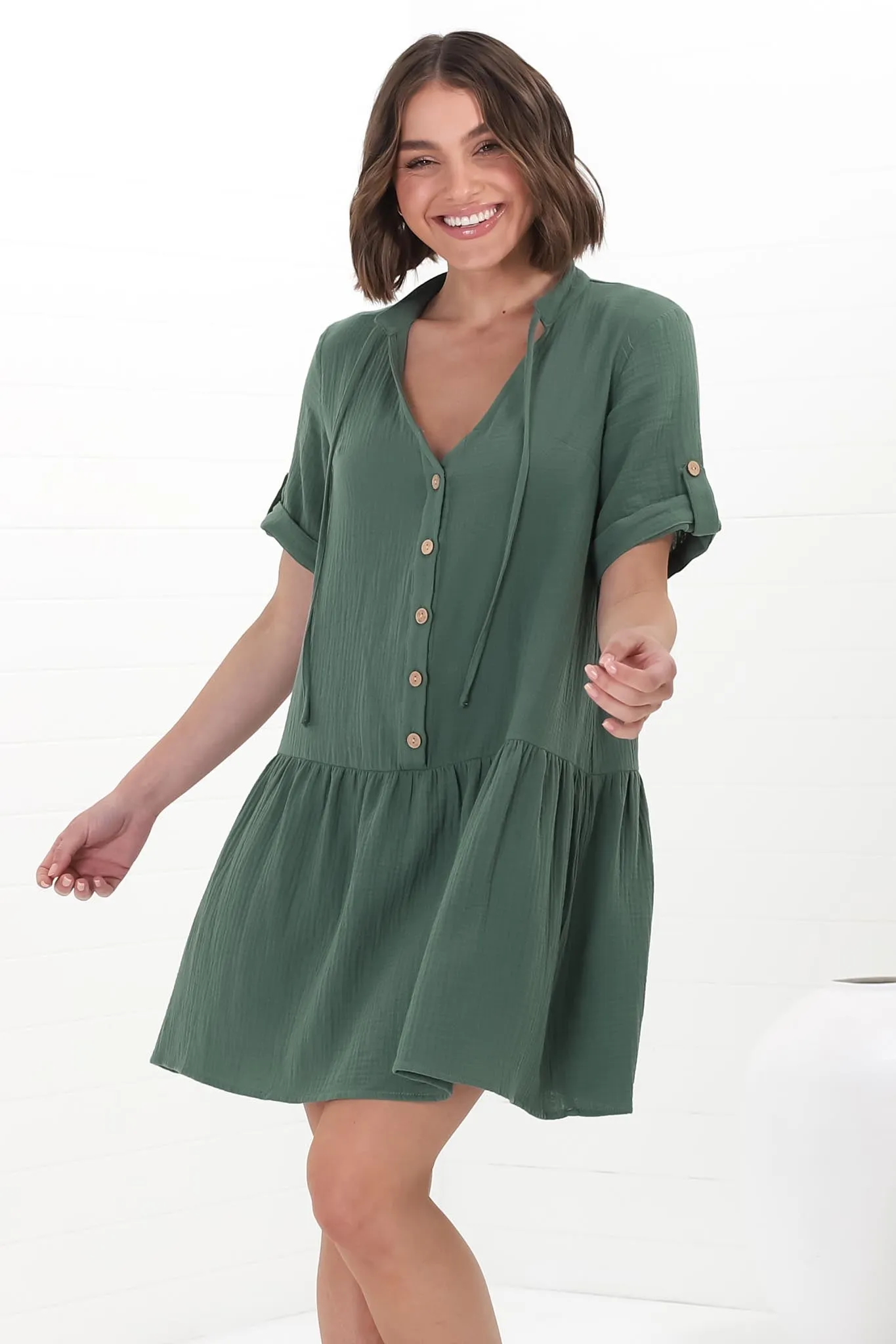 Lucie Mini Dress - Cheesecloth Cotton Shift Dress with Short Buttoned Cuff Sleeves in Green sold by Salty Crush product image thumbnail 3