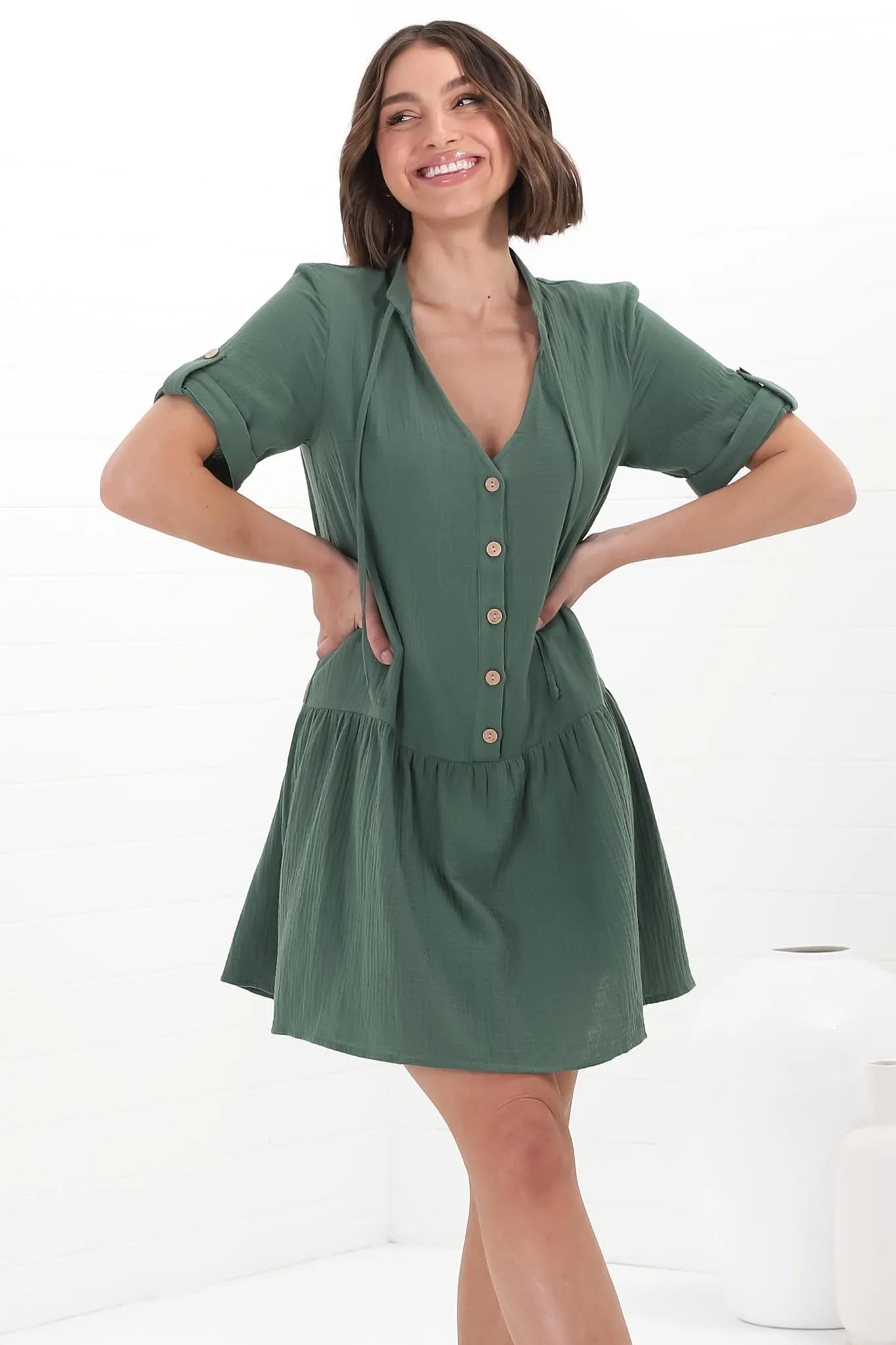 Lucie Mini Dress - Cheesecloth Cotton Shift Dress with Short Buttoned Cuff Sleeves in Green sold by Salty Crush product image thumbnail 4