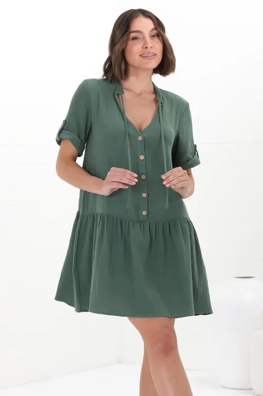Lucie Mini Dress - Cheesecloth Cotton Shift Dress with Short Buttoned Cuff Sleeves in Green sold by Salty Crush