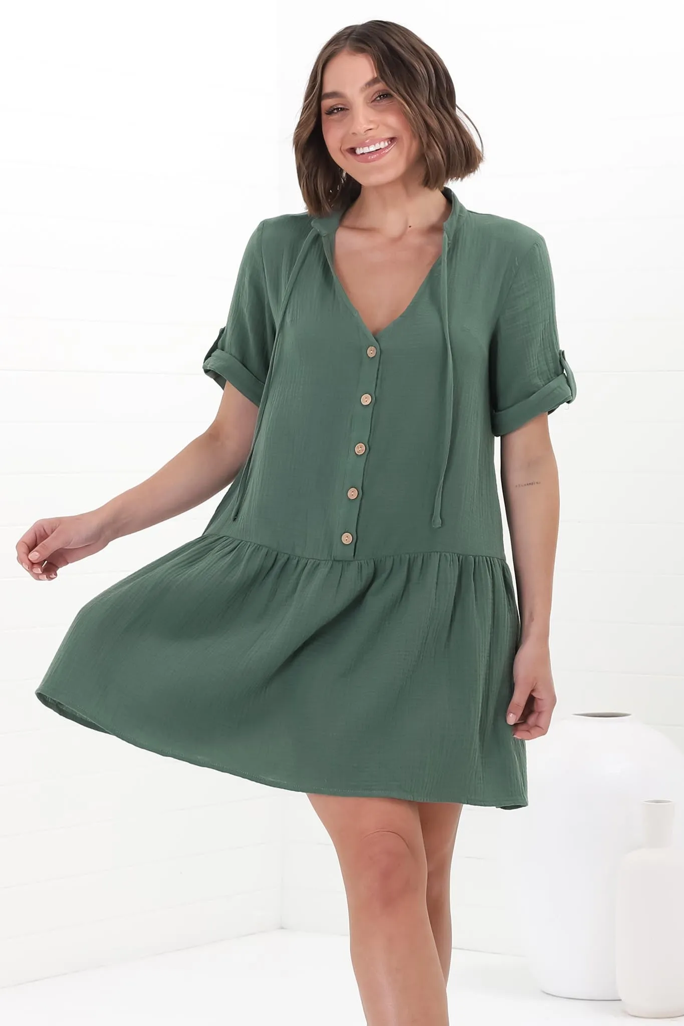 Lucie Mini Dress - Cheesecloth Cotton Shift Dress with Short Buttoned Cuff Sleeves in Green sold by Salty Crush product image thumbnail 5