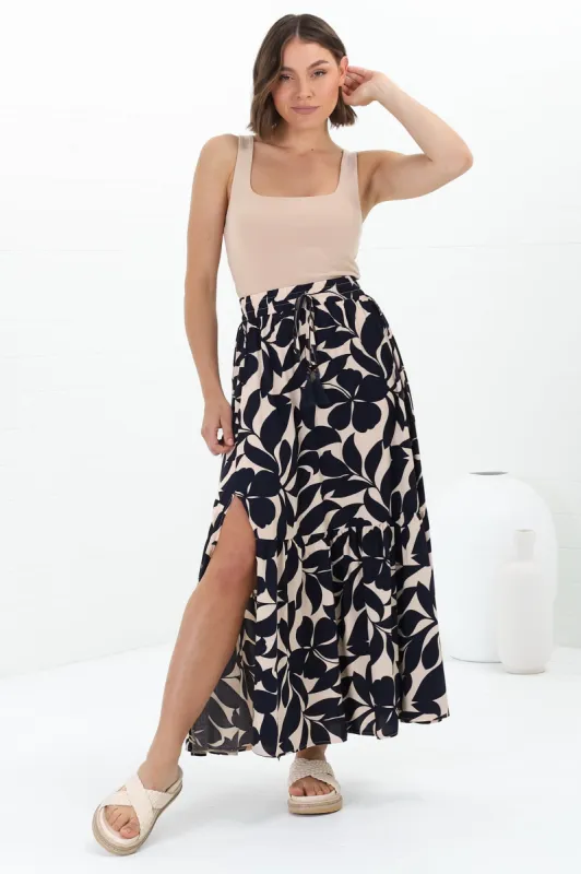 Hellen Maxi Skirt - High Waisted Skirt with Front Splits in Kiera Print Navy sold by Salty Crush
