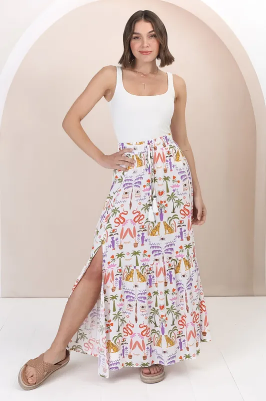 Hellen Maxi Skirt - High Waisted Skirt with Front Splits in Ayla Print White sold by Salty Crush