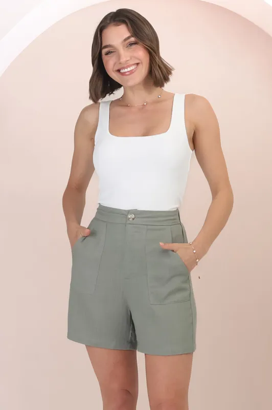 Rita Shorts - High Waisted Tailored Linen Shorts in Khaki sold by Salty Crush