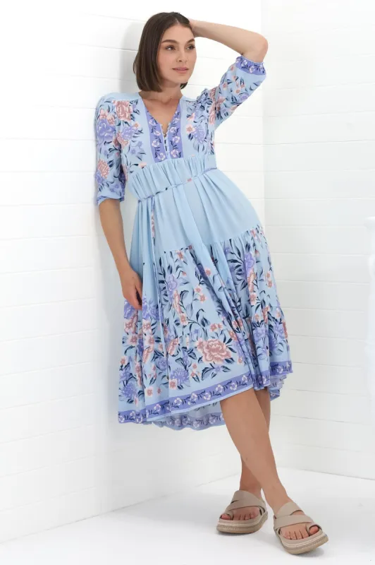 JAASE - Eve Midi Dress: V-Neck Tiered Dress with Option Waist Tie in Heaven Print sold by Salty Crush