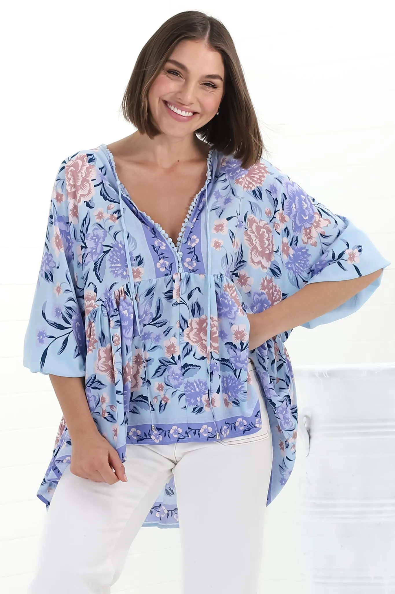 Chloe Top - Very Oversized Crochet Trim Neckline Smock Top in Heaven Print sold by Salty Crush