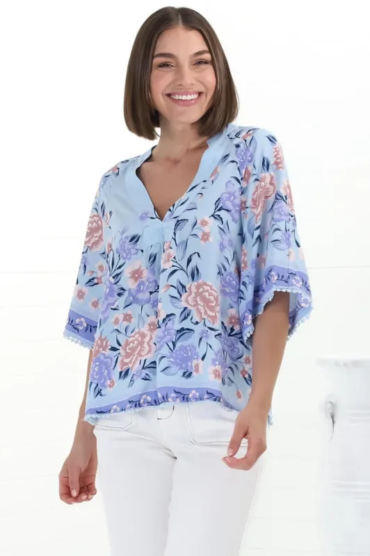 Gabriella Top - Mandarin Collar Deep V Neck Crochet Trim Top in Heaven Print sold by Salty Crush