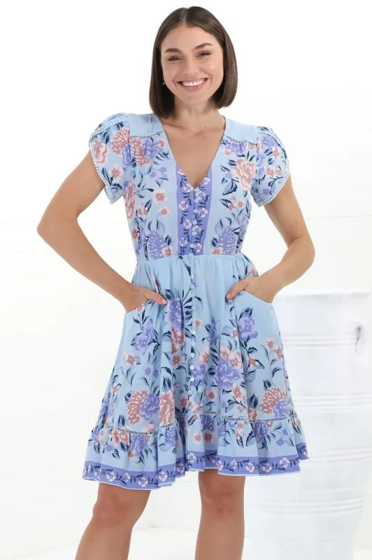 Lizzie Mini Dress - Butterfly Cap Sleeve Button Down Dress with Pockets in Heaven Print sold by Salty Crush