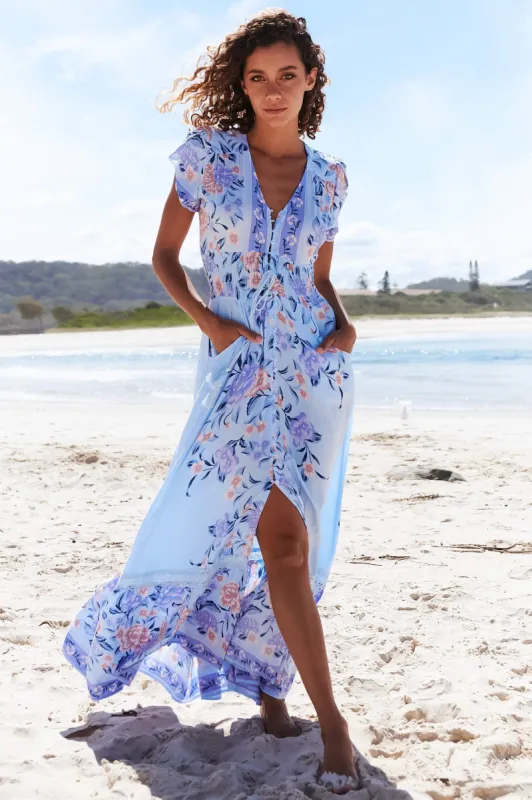 Romi Maxi Dress - V Neck Cap Sleeve A-Line Button Through Dress in Heaven Print sold by Salty Crush